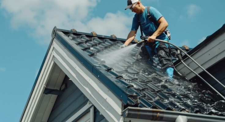 Man som tvättar tak